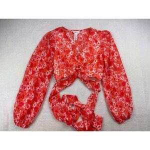 Joyous Pink Orange Floral O-Ring Tie Waist Crop Top Balloon Sleeve Blouse M